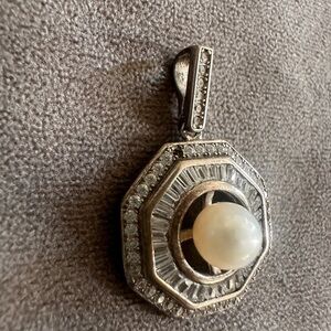 Silver CZ and Pearl Cream Necklace Intricate Pendant Bridal Sparkle Art Deco